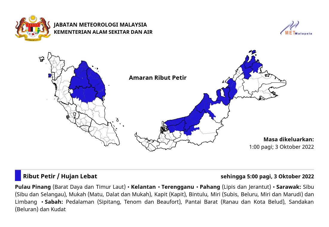 Ribut petir, hujan lebat dan angin kencang dijangka di negeri Pulau Pinang (Barat Daya dan Timur Laut) sehingga 5:00 pagi, Isnin, 3 Oktober 2022.