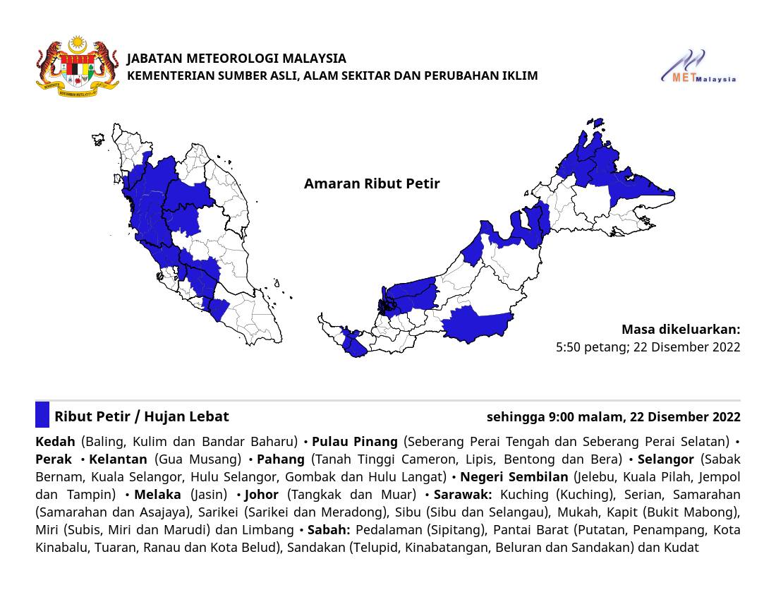 Ribut petir, hujan lebat dan angin kencang dijangka di negeri Pulau Pinang (Seberang Perai Tengah dan Seberang Perai Selatan) sehingga 9:00 malam_semi_col_ Khamis, 22 Disember 2022.