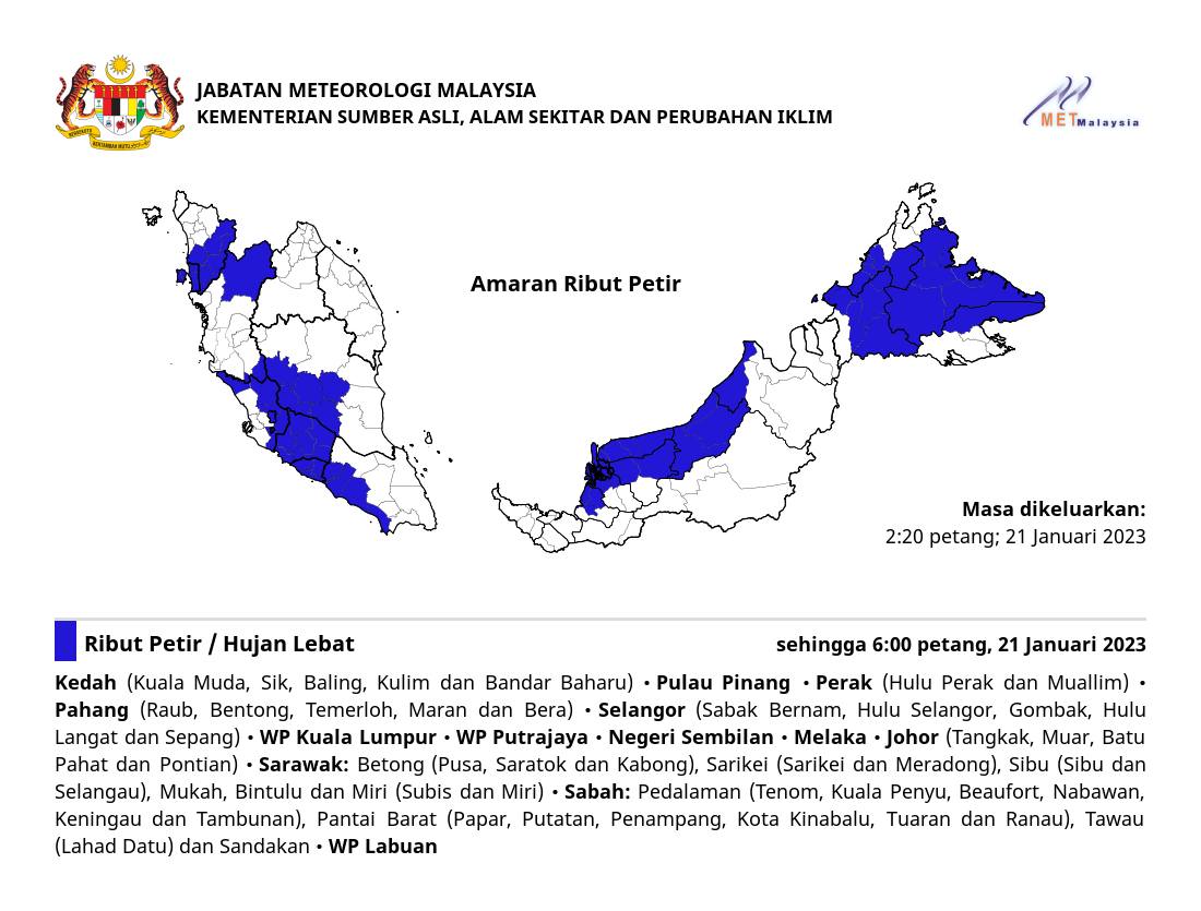 Ribut petir, hujan lebat dan angin kencang dijangka di negeri Pulau Pinang sehingga 6:00 petang, Sabtu, 21 Januari 2023.