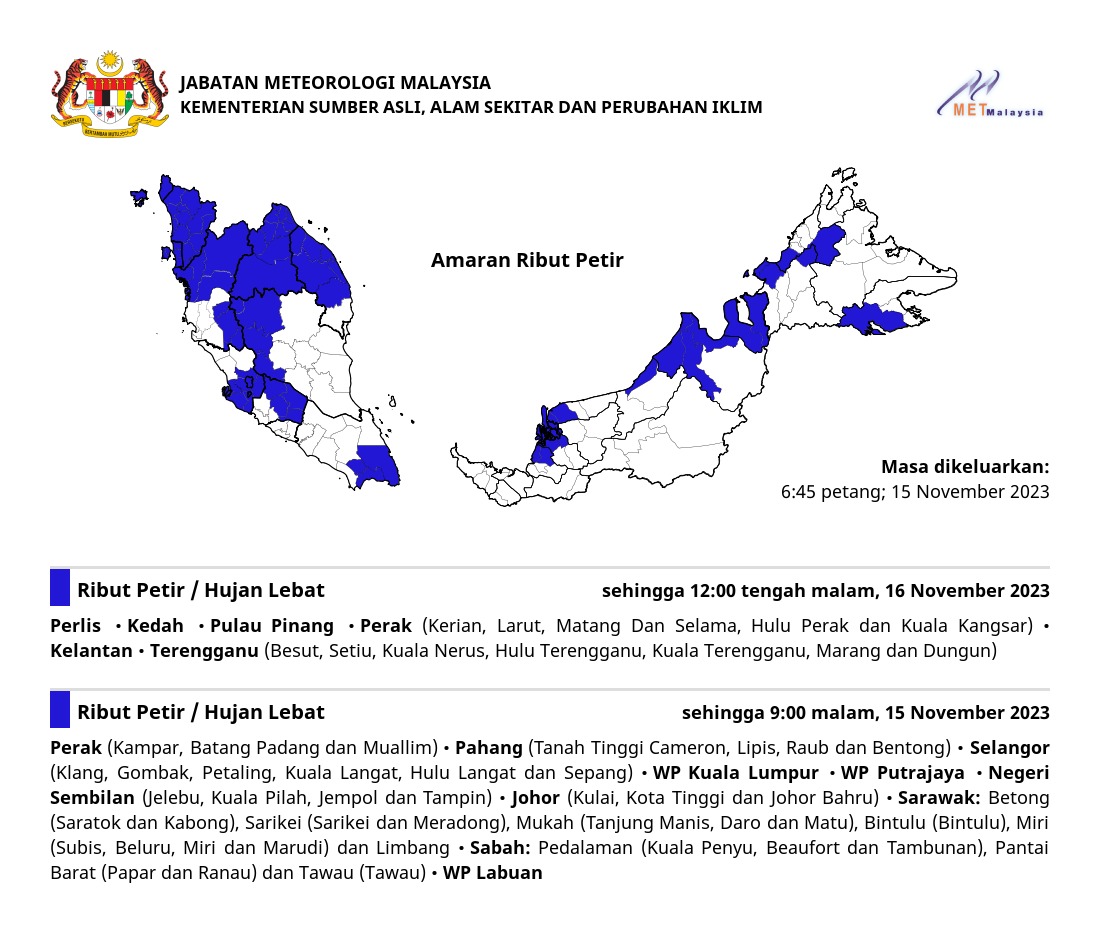 Ribut petir, hujan lebat dan angin kencang dijangka di negeri Pulau Pinang sehingga 12:00 tengah malam, Khamis, 16 November 2023.