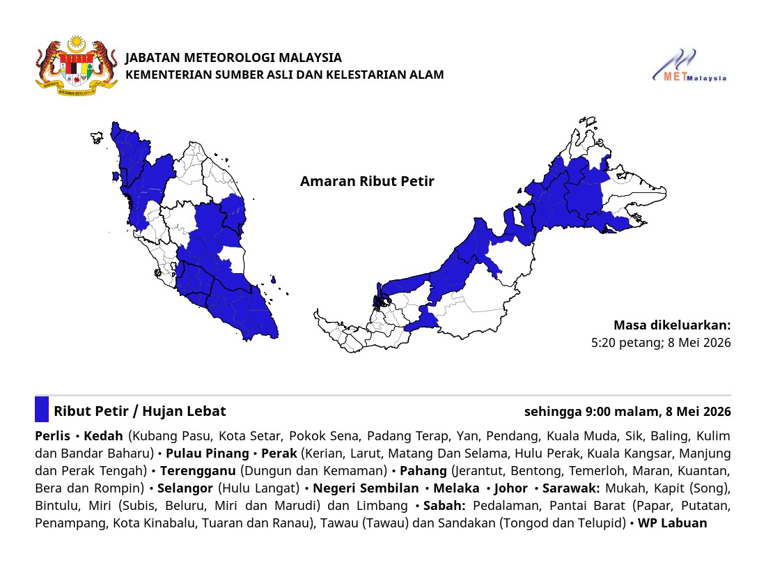 Ribut petir, hujan lebat dan angin kencang dijangka di negeri Pulau Pinang sehingga 9:00 malam, Jumaat, 8 Mei 2026.
