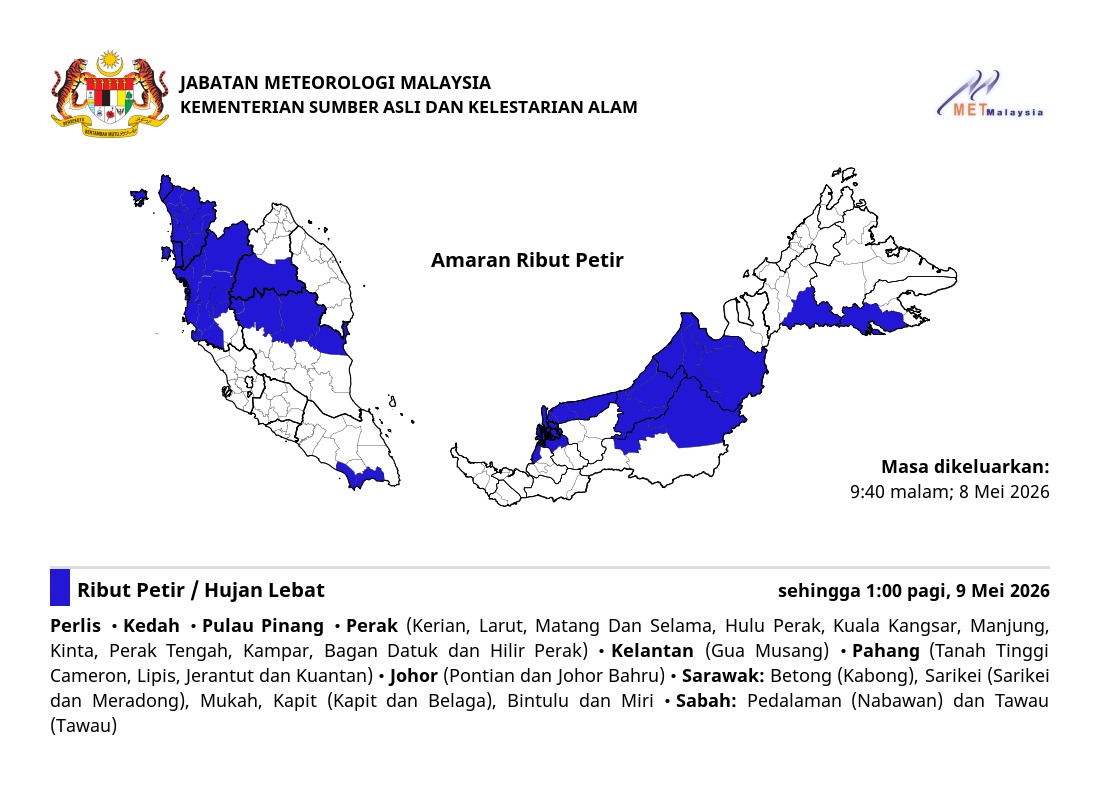Ribut petir, hujan lebat dan angin kencang dijangka di negeri Pulau Pinang sehingga 1:00 pagi, Sabtu, 9 Mei 2026.