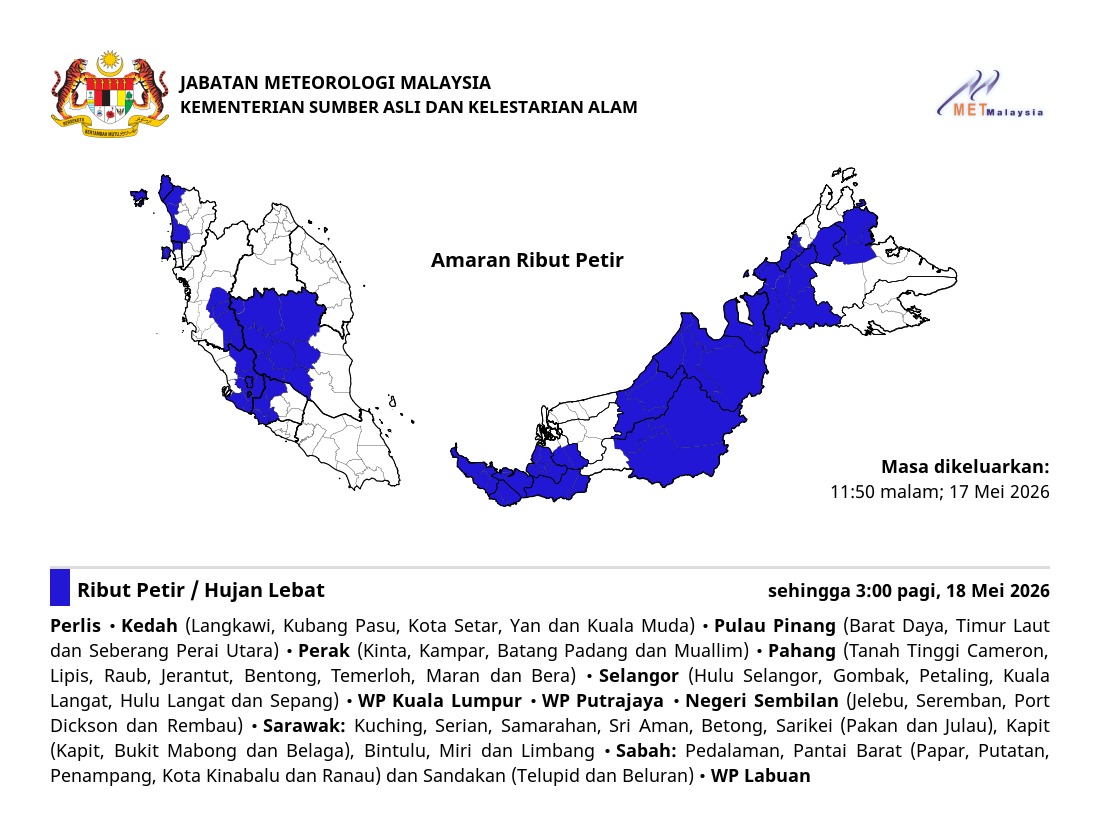 Ribut petir, hujan lebat dan angin kencang dijangka di negeri Pulau Pinang (Barat Daya, Timur Laut dan Seberang Perai Utara) sehingga 3:00 pagi, Isnin, 18 Mei 2026.