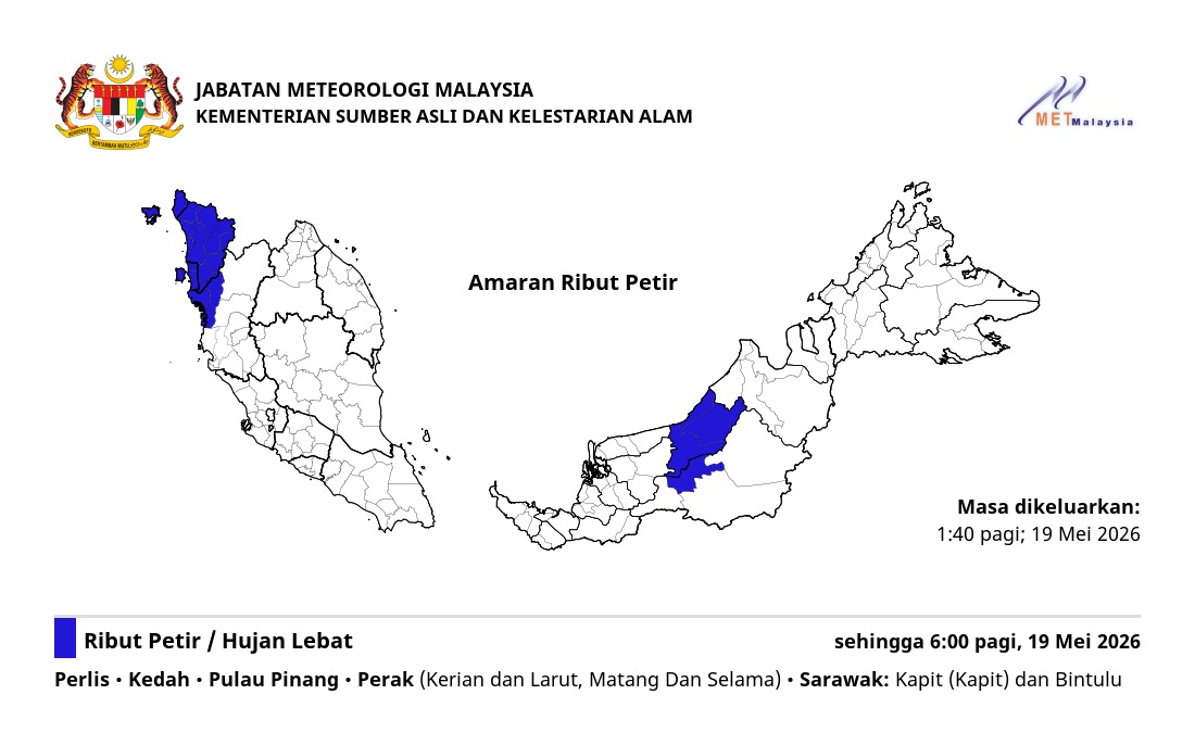 Ribut petir, hujan lebat dan angin kencang dijangka di negeri Pulau Pinang sehingga 6:00 pagi, Selasa, 19 Mei 2026.