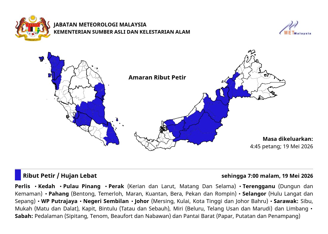 Ribut petir, hujan lebat dan angin kencang dijangka di negeri Pulau Pinang sehingga 7:00 malam, Selasa, 19 Mei 2026.