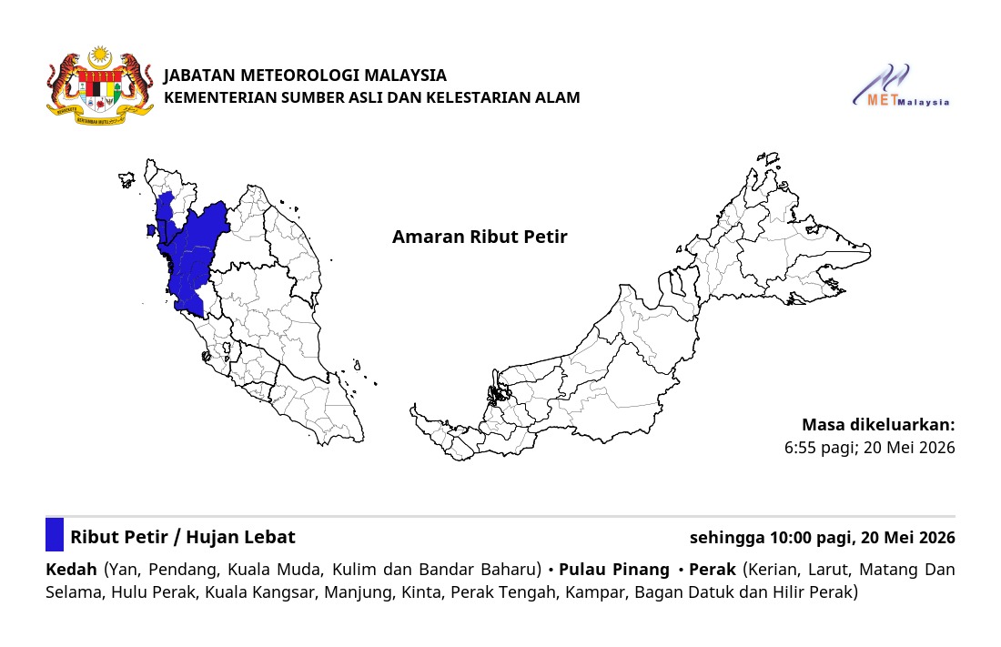 Ribut petir, hujan lebat dan angin kencang dijangka di negeri Pulau Pinang sehingga 10:00 pagi, Rabu, 20 Mei 2026.