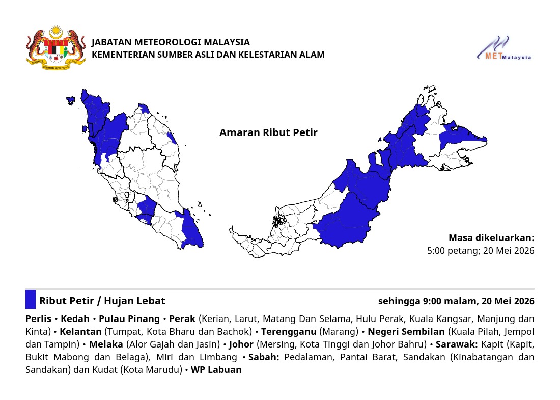 RIBUT PETIR, HUJAN LEBAT DAN ANGIN KENCANG DIJANGKA DI NEGERI PULAU PINANG SEHINGGA 9:00 MALAM, RABU, 20 MEI 2026.