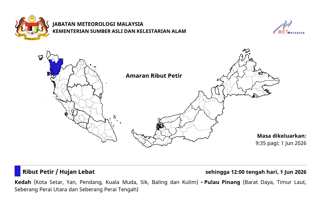 Ribut petir, hujan lebat dan angin kencang dijangka di negeri Pulau Pinang (Barat Daya, Timur Laut, Seberang Perai Utara dan Seberang Perai Tengah) sehingga 12:00 tengah hari_semi_col_ Isnin, 1 Jun 2026.