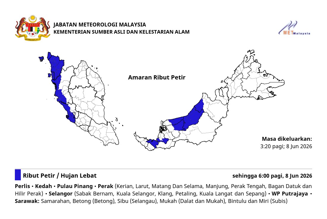 Ribut petir, hujan lebat dan angin kencang dijangka di negeri Pulau Pinang sehingga 6:00 pagi, Isnin, 8 Jun 2026.