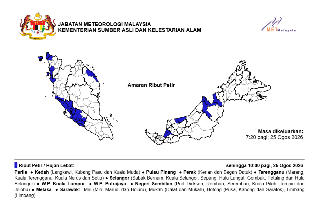 Ribut petir, hujan lebat dan angin kencang dijangka di negeri Pulau Pinang sehingga 10:00 Pagi, Selasa, 25 Ogos 2026.