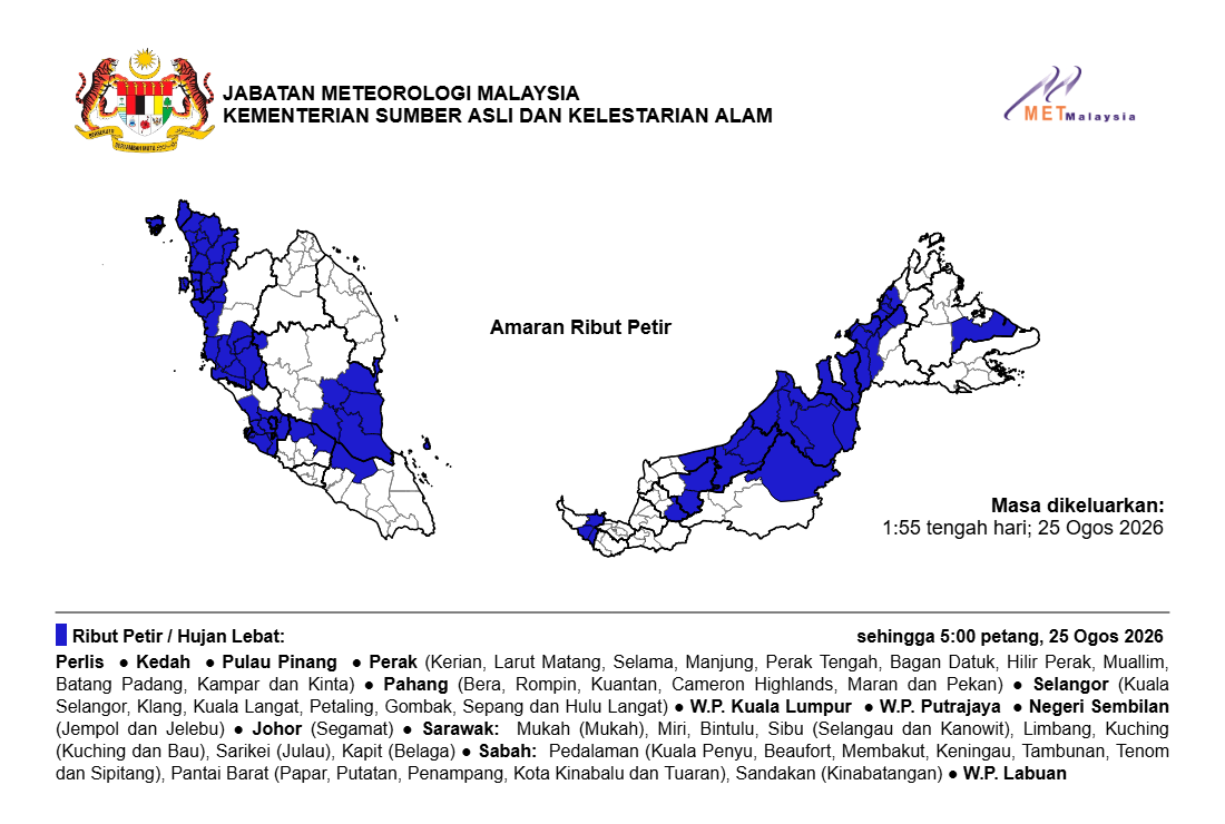 Ribut petir, hujan lebat dan angin kencang dijangka di negeri Pulau Pinang sehingga 5:00
Petang, Selasa, 25 Ogos 2026.