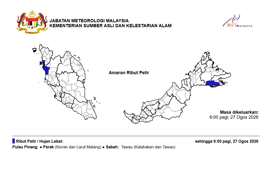 Ribut petir, hujan lebat dan angin kencang dijangka di negeri Pulau Pinang sehingga 9:00 Pagi, Khamis, 27 Ogos 2026.