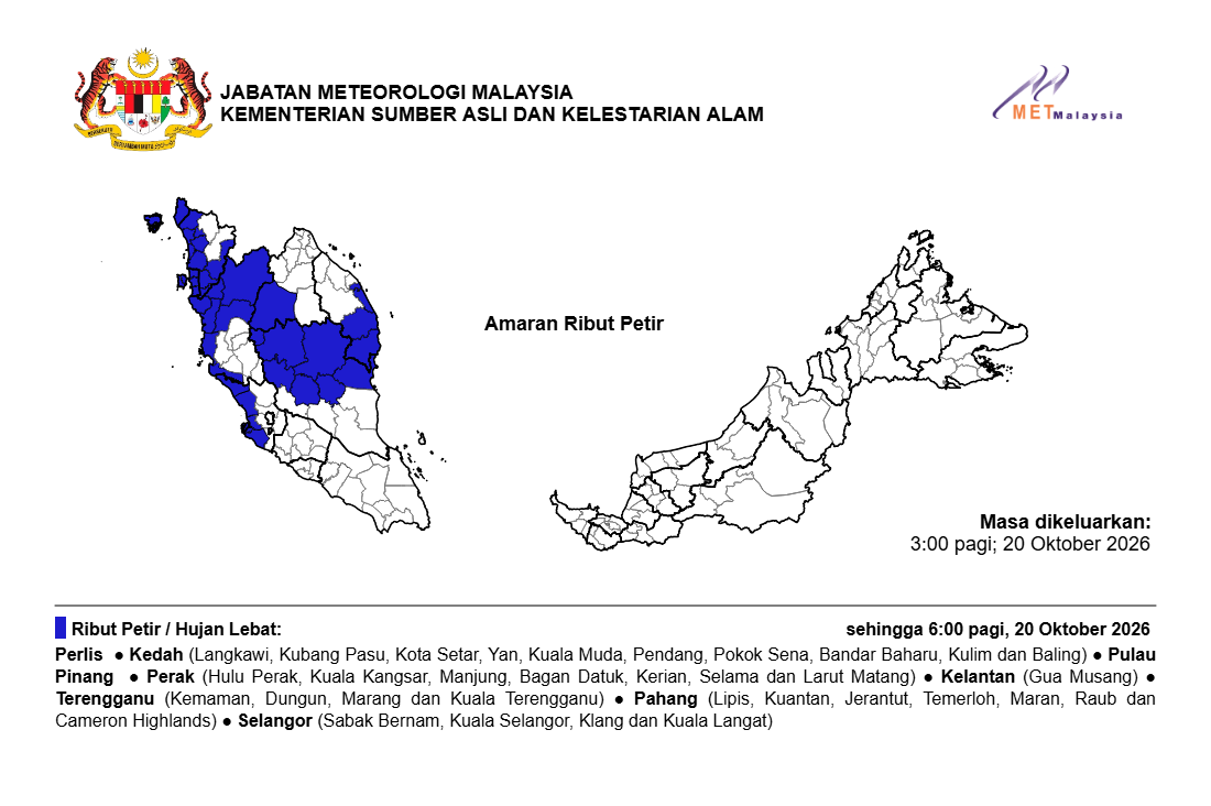 Ribut petir, hujan lebat dan angin kencang dijangka di negeri Pulau Pinang sehingga 6:00 Pagi, Selasa, 20
Oktober 2026