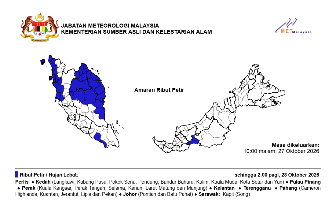 Ribut petir, hujan lebat dan angin kencang dijangka di negeri Pulau Pinang sehingga 2:00 Pagi_semi_col_ Rabu, 28 Oktober 2026.